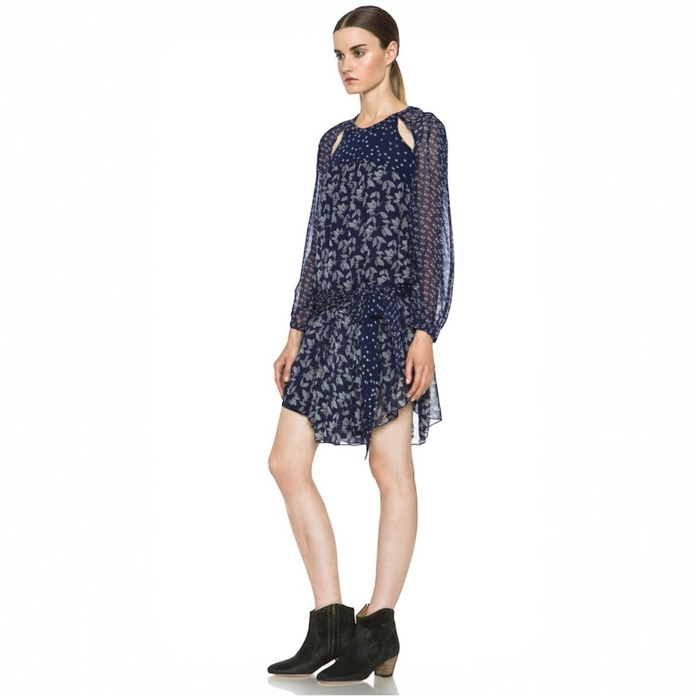 $535 Isabel Marant Etoile Prewitt Dress 36 US 4 Floral Blue Long Sleeve Belted